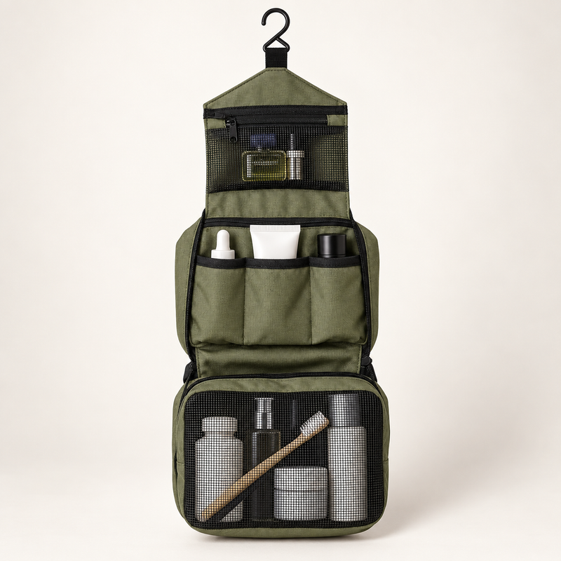 Olive green hanging toiletry organizer open with travel-size bottles in organized compartments.