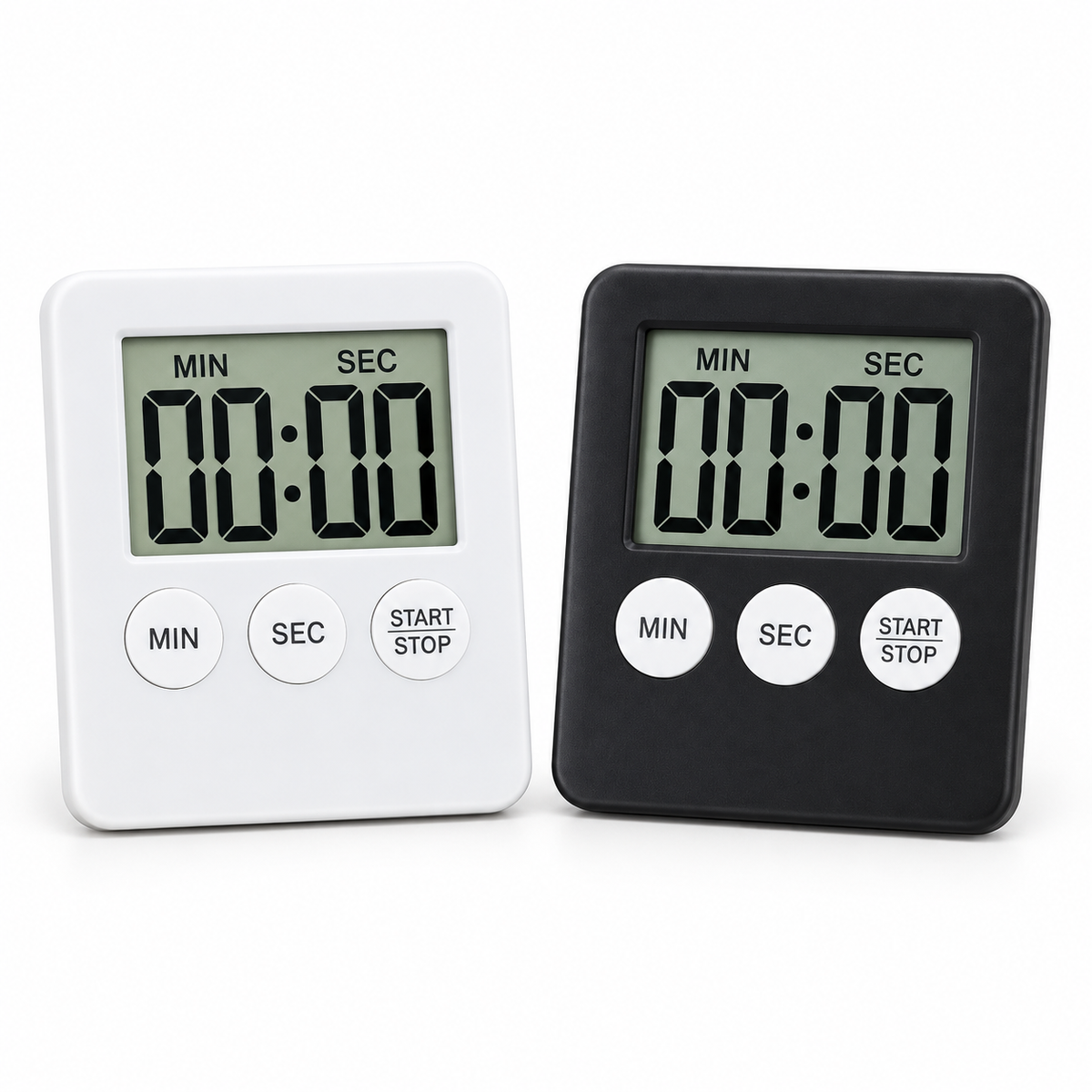 White and black magnetic digital kitchen timers on white