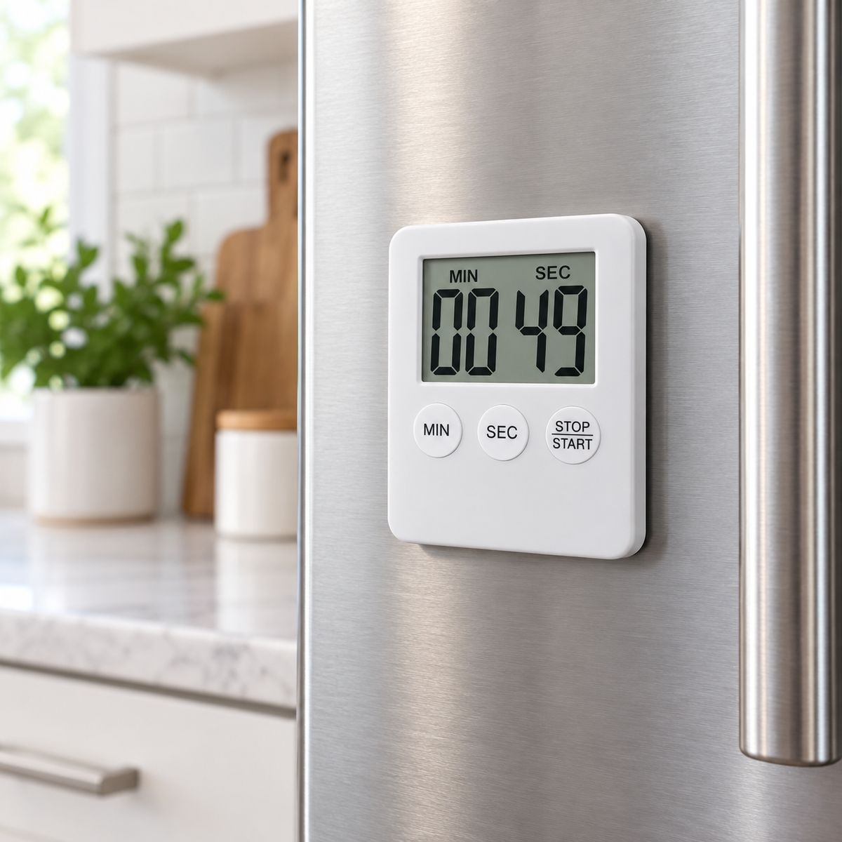 Magnetic digital kitchen timer on a refrigerator