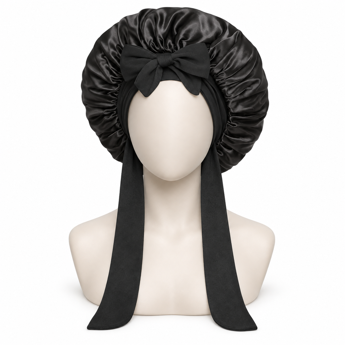 Black adjustable satin sleep bonnet on a neutral mannequin