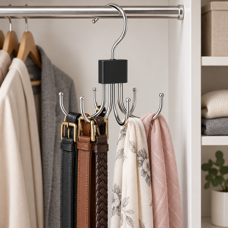 360-degree belt and scarf organizer holding belts and scarves in a closet