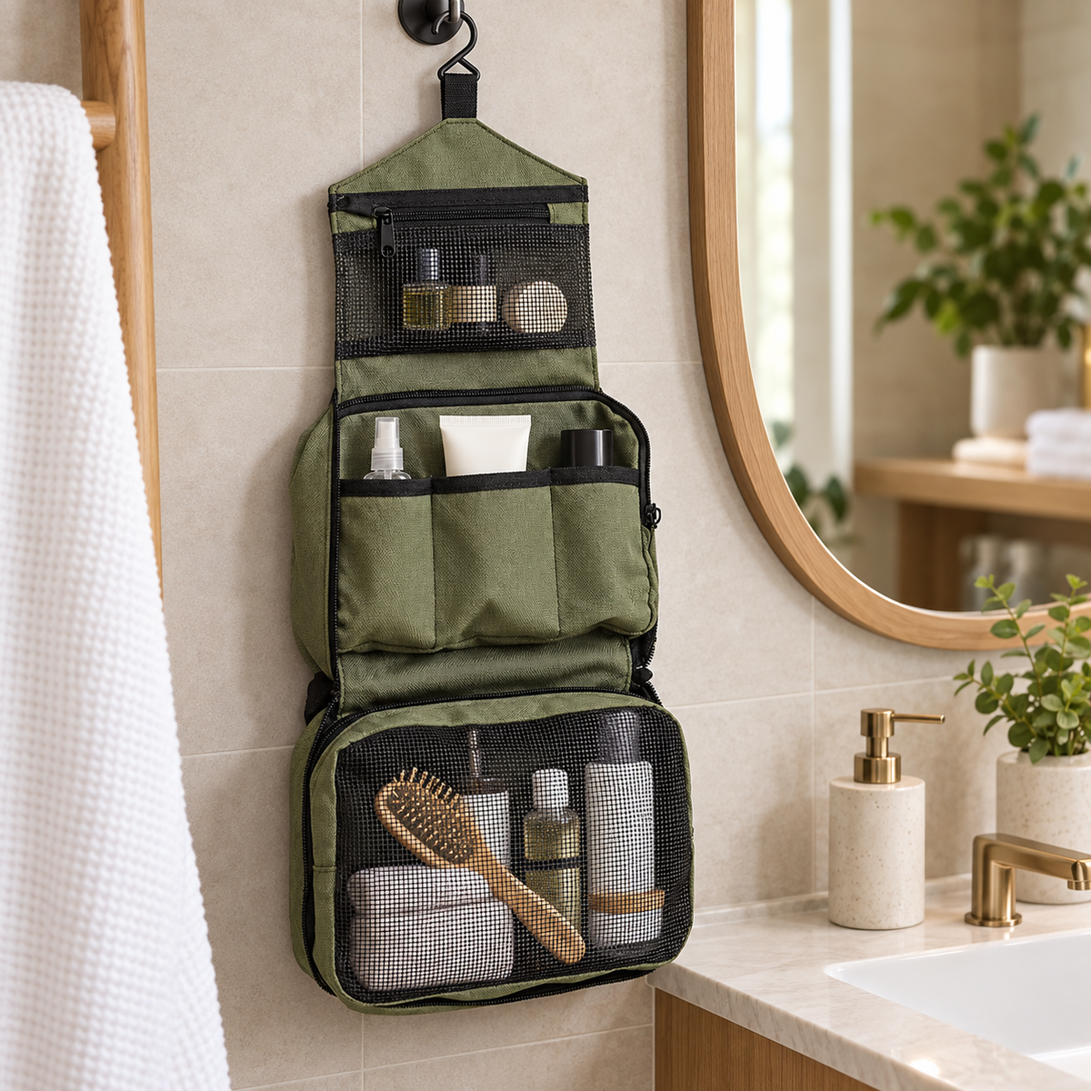 Olive green hanging toiletry organizer in use in a warm hotel bathroom.