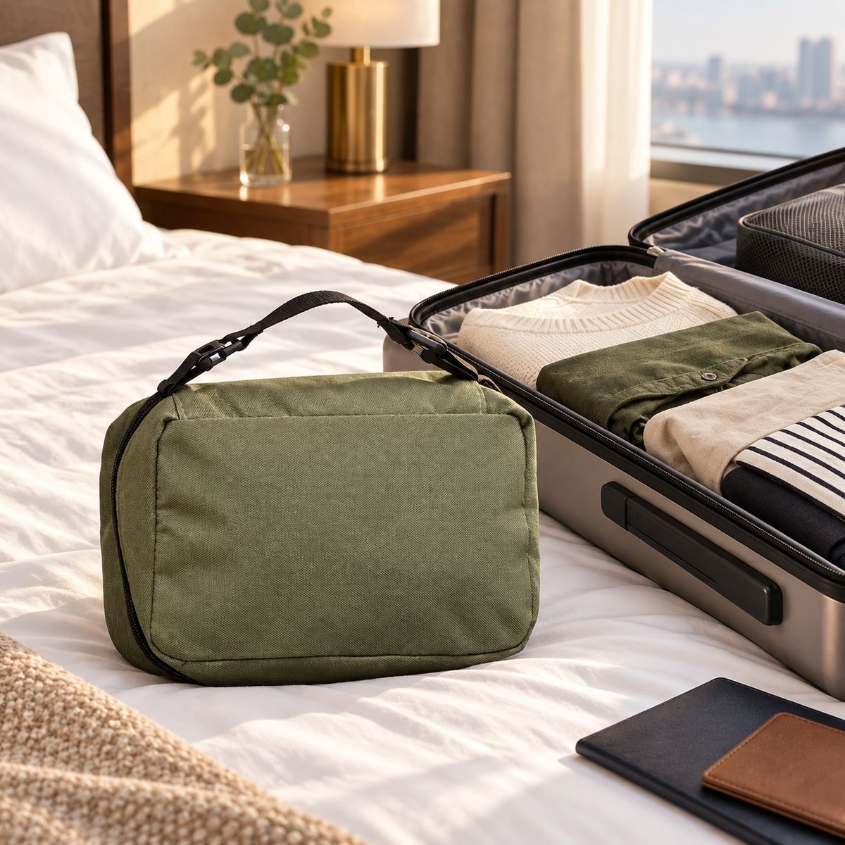 Olive green hanging toiletry organizer beside an open suitcase in a hotel room.