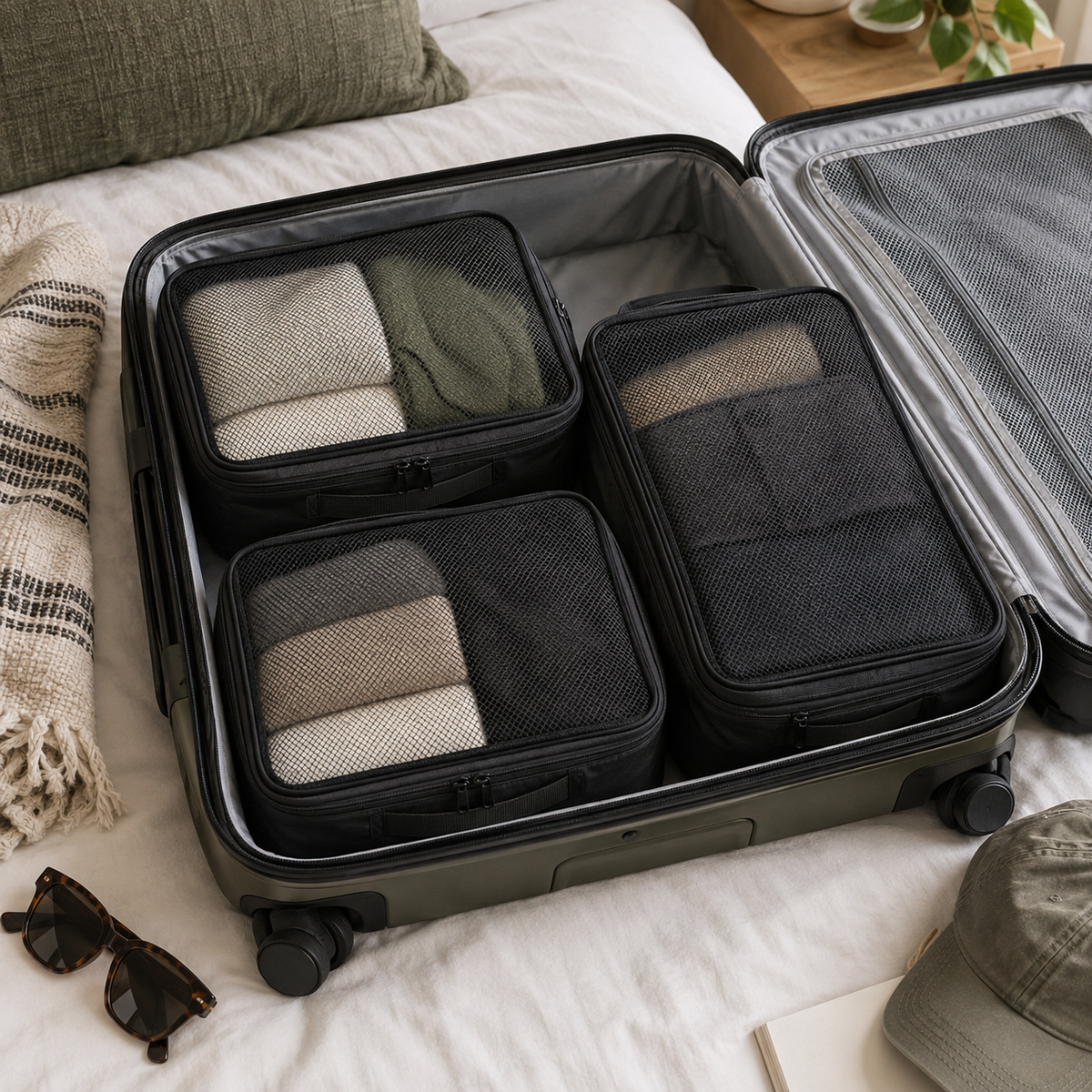 Three black compression packing cubes arranged inside an open suitcase.